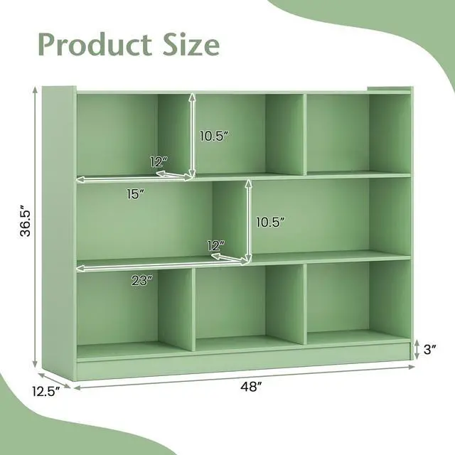 Alt view image 3 of 6 - 8 Cube Bookcase, Freestanding 3-Tier Open Bookshelf, Mint Green | Modern Storage Display Cabinet, Wood Cube Storage Organizer for Living Room, Home Office, Kids Room