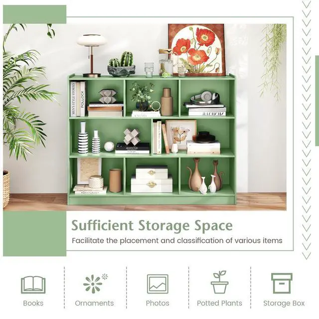 Alt view image 4 of 6 - 8 Cube Bookcase, Freestanding 3-Tier Open Bookshelf, Mint Green | Modern Storage Display Cabinet, Wood Cube Storage Organizer for Living Room, Home Office, Kids Room