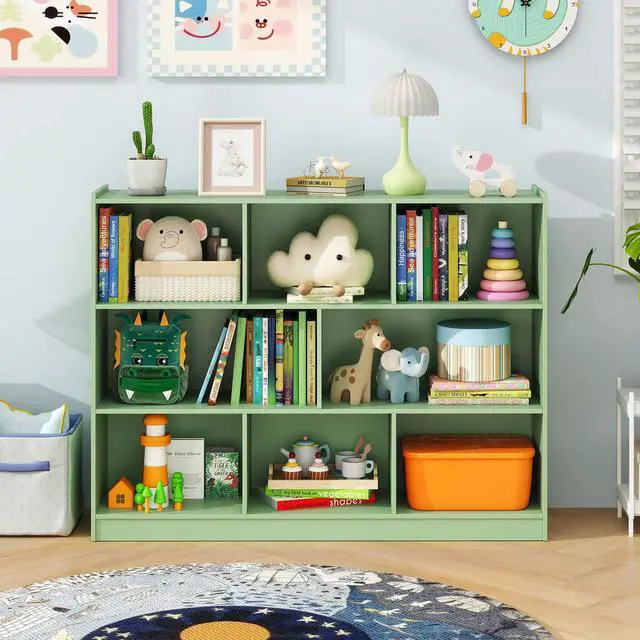 Alt view image 5 of 6 - 8 Cube Bookcase, Freestanding 3-Tier Open Bookshelf, Mint Green | Modern Storage Display Cabinet, Wood Cube Storage Organizer for Living Room, Home Office, Kids Room