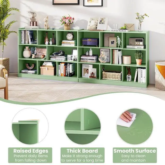 Alt view image 6 of 6 - 8 Cube Bookcase, Freestanding 3-Tier Open Bookshelf, Mint Green | Modern Storage Display Cabinet, Wood Cube Storage Organizer for Living Room, Home Office, Kids Room