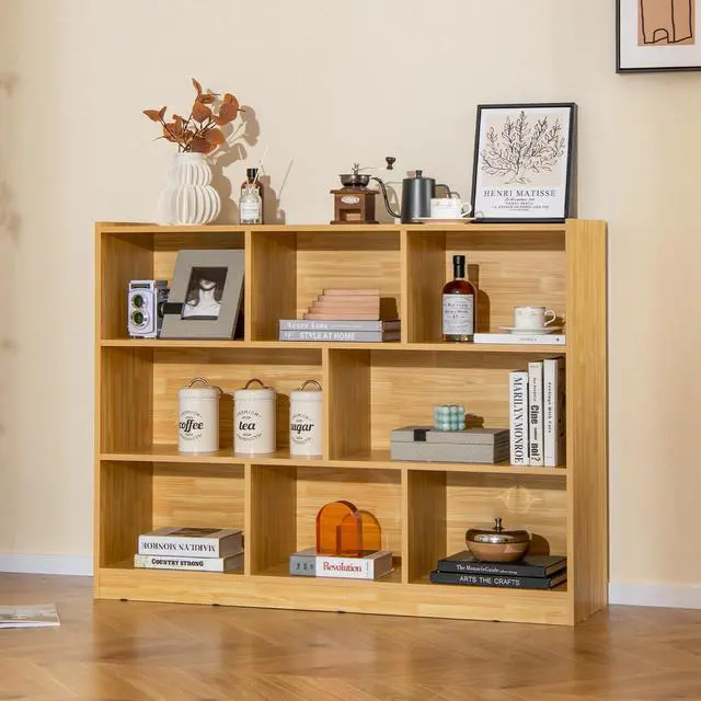 Alt view image 2 of 6 - 8 Cube Bookcase, Freestanding 3-Tier Open Bookshelf, Burlywood | Modern Storage Display Cabinet, Wood Cube Storage Organizer for Living Room, Home Office, Kids Room