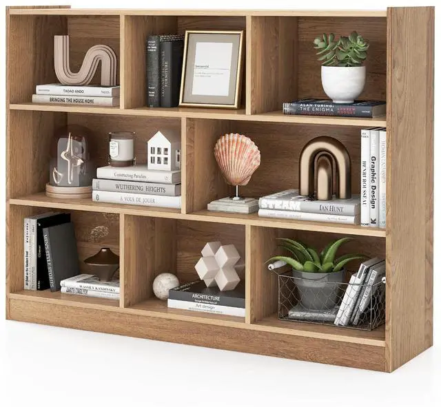 Main image of 8 Cube Bookcase, Freestanding 3-Tier Open Bookshelf, Natural | Modern Storage Display Cabinet, Wood Cube Storage Organizer for Living Room, Home Office, Kids Room
