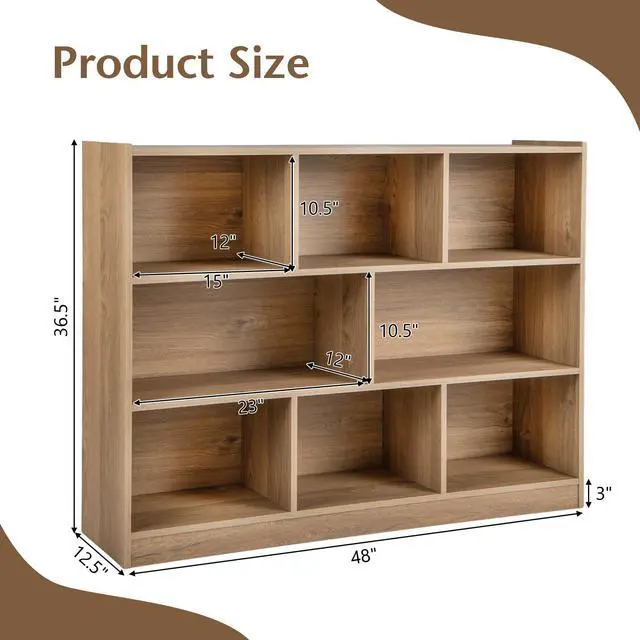 Alt view image 3 of 6 - 8 Cube Bookcase, Freestanding 3-Tier Open Bookshelf, Natural | Modern Storage Display Cabinet, Wood Cube Storage Organizer for Living Room, Home Office, Kids Room