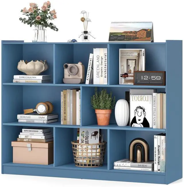 Main image of 8 Cube Bookcase, Freestanding 3-Tier Open Bookshelf, Bright Blue | Modern Storage Display Cabinet, Wood Cube Storage Organizer for Living Room, Home Office, Kids Room