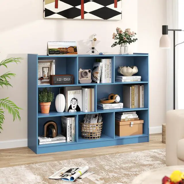Alt view image 2 of 6 - 8 Cube Bookcase, Freestanding 3-Tier Open Bookshelf, Bright Blue | Modern Storage Display Cabinet, Wood Cube Storage Organizer for Living Room, Home Office, Kids Room