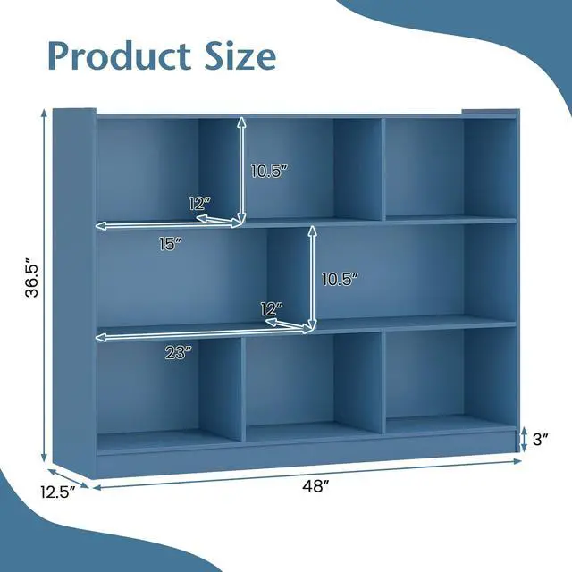 Alt view image 3 of 6 - 8 Cube Bookcase, Freestanding 3-Tier Open Bookshelf, Bright Blue | Modern Storage Display Cabinet, Wood Cube Storage Organizer for Living Room, Home Office, Kids Room