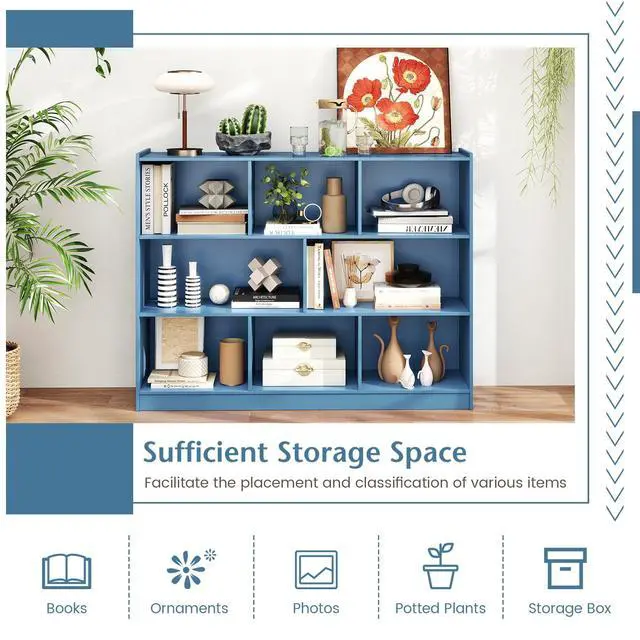 Alt view image 4 of 6 - 8 Cube Bookcase, Freestanding 3-Tier Open Bookshelf, Bright Blue | Modern Storage Display Cabinet, Wood Cube Storage Organizer for Living Room, Home Office, Kids Room