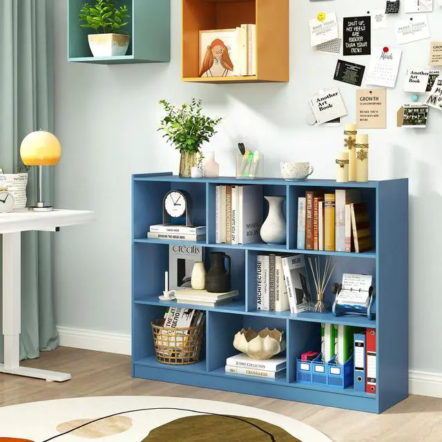 Alt view image 5 of 6 - 8 Cube Bookcase, Freestanding 3-Tier Open Bookshelf, Bright Blue | Modern Storage Display Cabinet, Wood Cube Storage Organizer for Living Room, Home Office, Kids Room