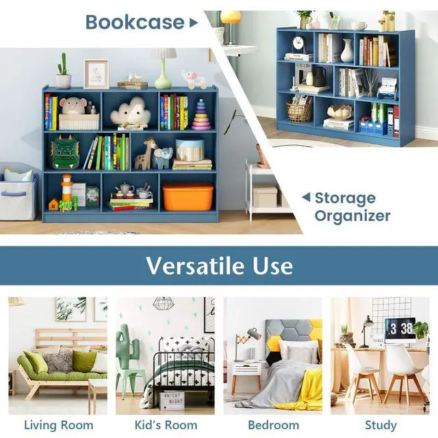 Alt view image 6 of 6 - 8 Cube Bookcase, Freestanding 3-Tier Open Bookshelf, Bright Blue | Modern Storage Display Cabinet, Wood Cube Storage Organizer for Living Room, Home Office, Kids Room