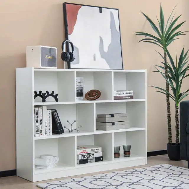 Alt view image 2 of 6 - 8 Cube Bookcase, Freestanding 3-Tier Open Bookshelf, White | Modern Storage Display Cabinet, Wood Cube Storage Organizer for Living Room, Home Office, Kids Room