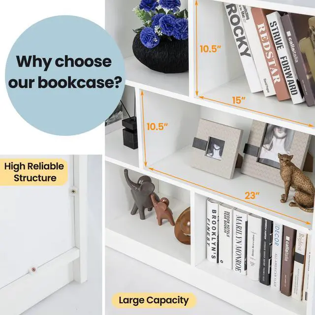 Alt view image 3 of 6 - 8 Cube Bookcase, Freestanding 3-Tier Open Bookshelf, White | Modern Storage Display Cabinet, Wood Cube Storage Organizer for Living Room, Home Office, Kids Room