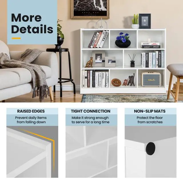 Alt view image 4 of 6 - 8 Cube Bookcase, Freestanding 3-Tier Open Bookshelf, White | Modern Storage Display Cabinet, Wood Cube Storage Organizer for Living Room, Home Office, Kids Room