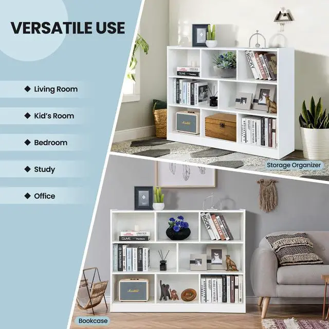 Alt view image 5 of 6 - 8 Cube Bookcase, Freestanding 3-Tier Open Bookshelf, White | Modern Storage Display Cabinet, Wood Cube Storage Organizer for Living Room, Home Office, Kids Room
