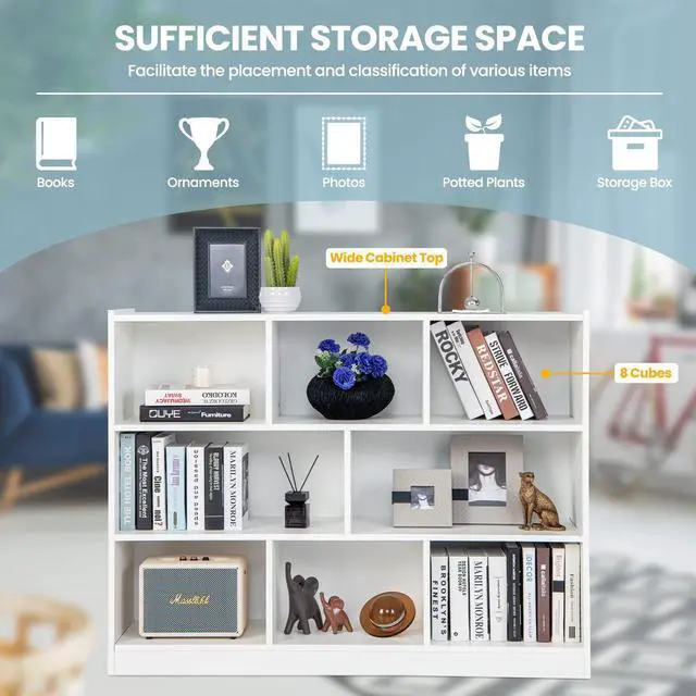 Alt view image 6 of 6 - 8 Cube Bookcase, Freestanding 3-Tier Open Bookshelf, White | Modern Storage Display Cabinet, Wood Cube Storage Organizer for Living Room, Home Office, Kids Room