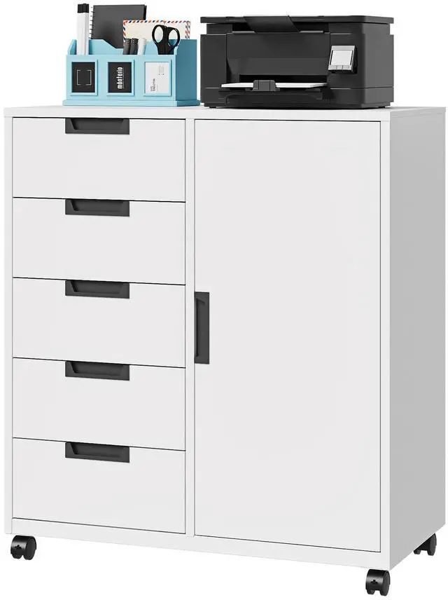 Main image of 5 Drawer Storage Cabinet, Mobile Printer Stand for Home Office,Dresser Chest with Shelves and Door(White)