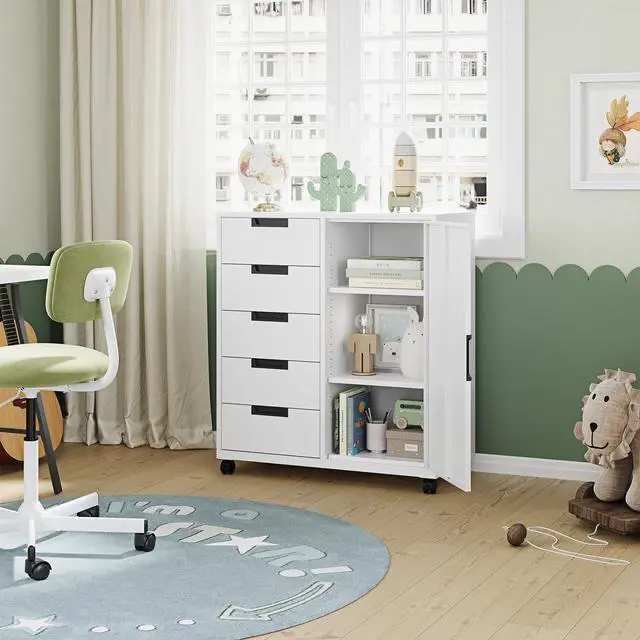Alt view image 2 of 6 - 5 Drawer Storage Cabinet, Mobile Printer Stand for Home Office,Dresser Chest with Shelves and Door(White)