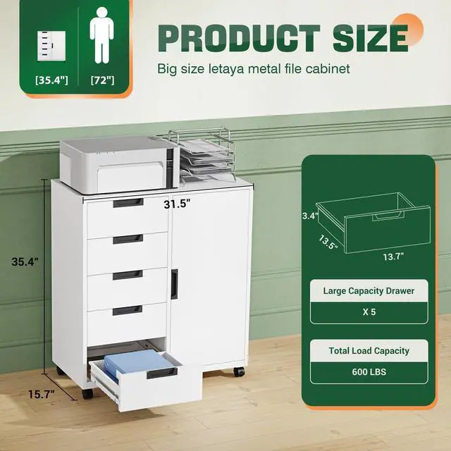Alt view image 3 of 6 - 5 Drawer Storage Cabinet, Mobile Printer Stand for Home Office,Dresser Chest with Shelves and Door(White)