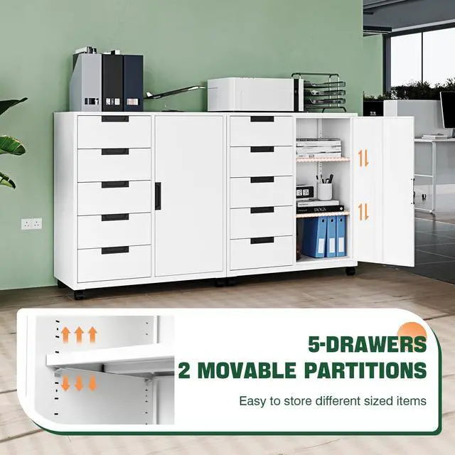 Alt view image 5 of 6 - 5 Drawer Storage Cabinet, Mobile Printer Stand for Home Office,Dresser Chest with Shelves and Door(White)