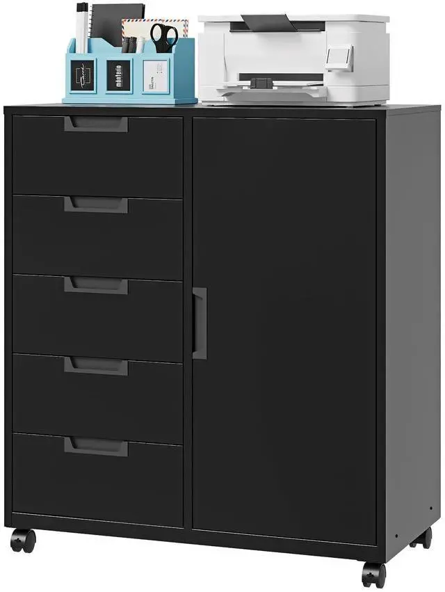 Main image of 5 Drawer Storage Cabinet, Mobile Printer Stand for Home Office,Dresser Chest with Shelves and Door(Black)