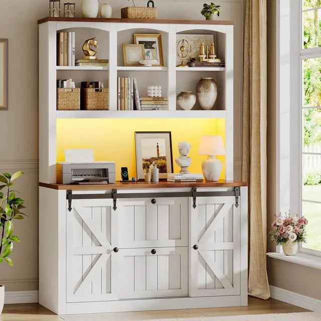 Main image of 2 Drawer File Cabinet with Power Strip, 41 Farmhouse Filing Cabinet fits Legal, Letter, A4 Size Files for Home Office, Printer Stand with Storage Shelf, Bar Door and LED Lights, White
