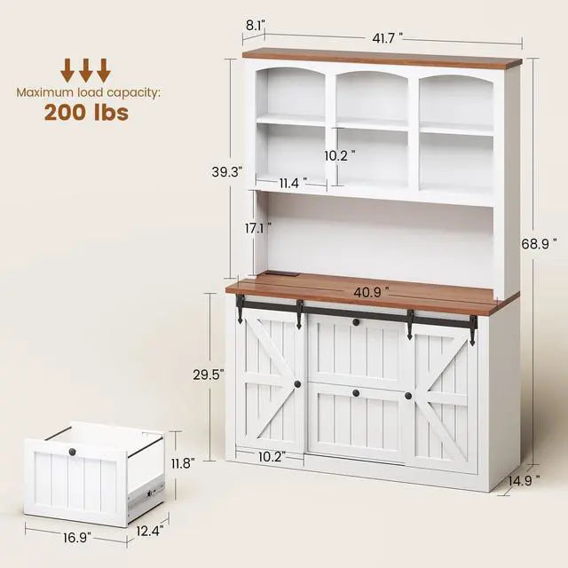 Alt view image 2 of 6 - 2 Drawer File Cabinet with Power Strip, 41 Farmhouse Filing Cabinet fits Legal, Letter, A4 Size Files for Home Office, Printer Stand with Storage Shelf, Bar Door and LED Lights, White