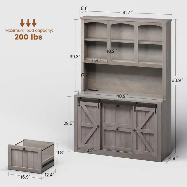 Alt view image 2 of 6 - 2 Drawer File Cabinet with Power Strip, 41 Farmhouse Filing Cabinet fits Legal, Letter, A4 Size Files for Home Office, Printer Stand with Storage Shelf, Bar Door and LED Lights (Grey)