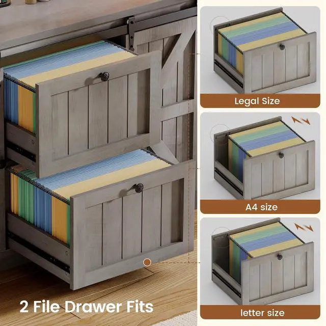 Alt view image 4 of 6 - 2 Drawer File Cabinet with Power Strip, 41 Farmhouse Filing Cabinet fits Legal, Letter, A4 Size Files for Home Office, Printer Stand with Storage Shelf, Bar Door and LED Lights (Grey)
