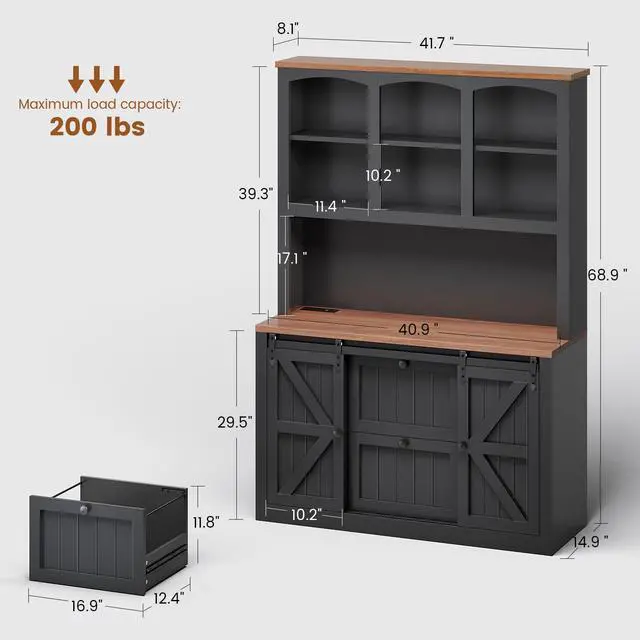 Alt view image 2 of 6 - 2 Drawer File Cabinet with Power Strip, 41 Farmhouse Filing Cabinet fits Legal, Letter, A4 Size Files for Home Office, Printer Stand with Storage Shelf, Bar Door and LED Lights (Black)