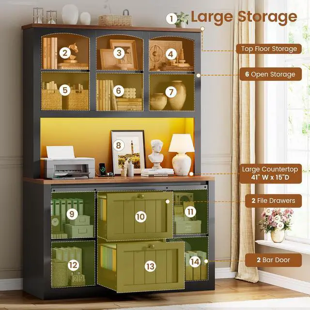 Alt view image 3 of 6 - 2 Drawer File Cabinet with Power Strip, 41 Farmhouse Filing Cabinet fits Legal, Letter, A4 Size Files for Home Office, Printer Stand with Storage Shelf, Bar Door and LED Lights (Black)