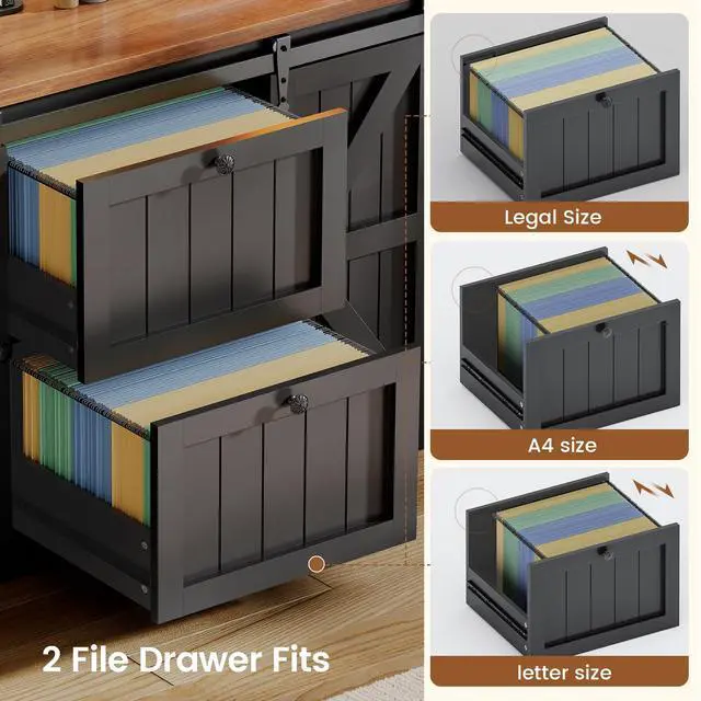 Alt view image 4 of 6 - 2 Drawer File Cabinet with Power Strip, 41 Farmhouse Filing Cabinet fits Legal, Letter, A4 Size Files for Home Office, Printer Stand with Storage Shelf, Bar Door and LED Lights (Black)