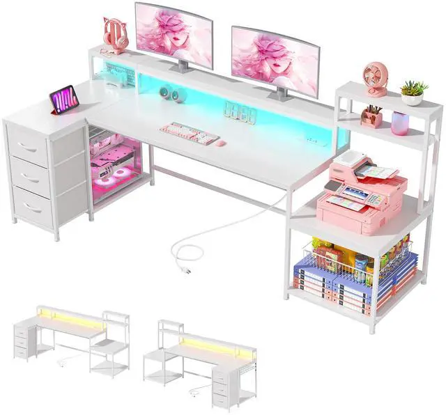 Main image of 71 White L Shaped Desk with Drawers,Printer Shelf for Home Office | 3 Fabric Drawers, Printer Stand & Shelves; Organize Office and Study Supplies for Tidy Bedroom & Study Space,White