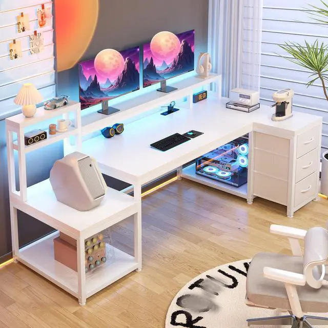 Alt view image 2 of 6 - 71 White L Shaped Desk with Drawers,Printer Shelf for Home Office | 3 Fabric Drawers, Printer Stand & Shelves; Organize Office and Study Supplies for Tidy Bedroom & Study Space,White