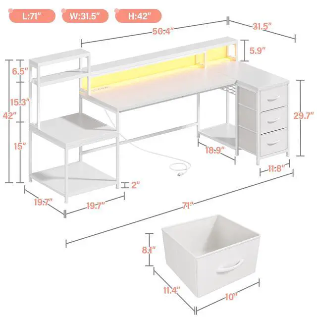 Alt view image 3 of 6 - 71 White L Shaped Desk with Drawers,Printer Shelf for Home Office | 3 Fabric Drawers, Printer Stand & Shelves; Organize Office and Study Supplies for Tidy Bedroom & Study Space,White