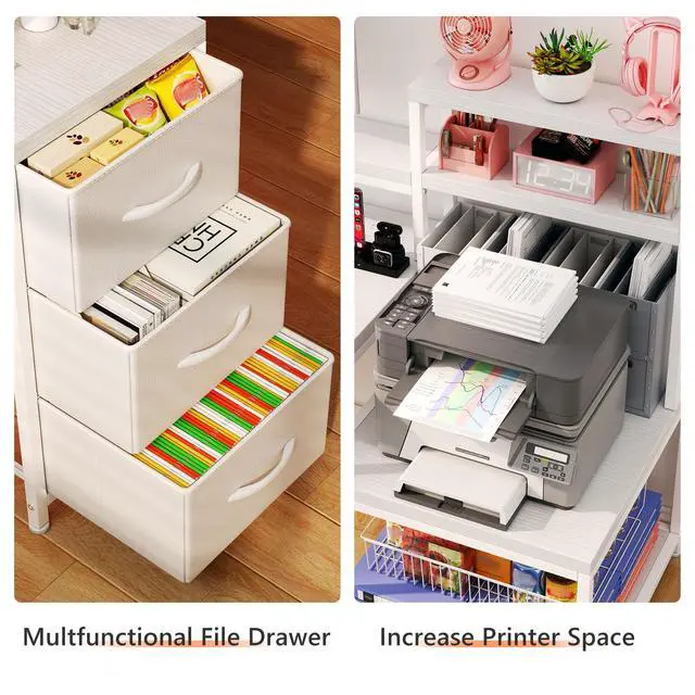 Alt view image 4 of 6 - 71 White L Shaped Desk with Drawers,Printer Shelf for Home Office | 3 Fabric Drawers, Printer Stand & Shelves; Organize Office and Study Supplies for Tidy Bedroom & Study Space,White