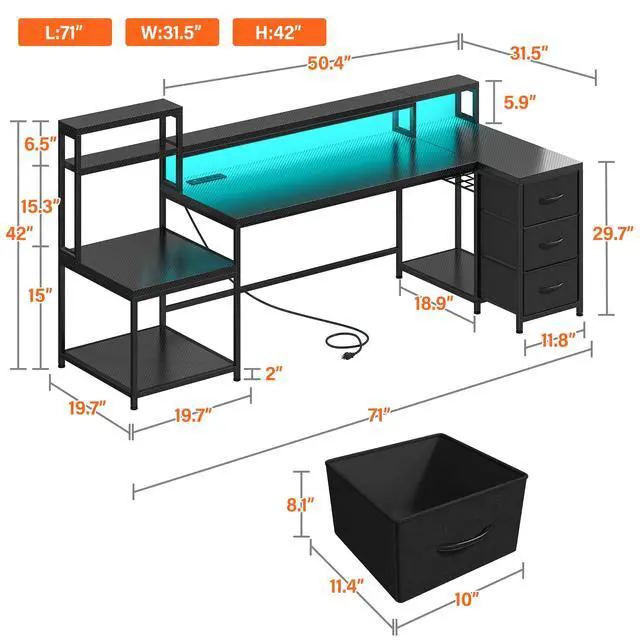 Alt view image 2 of 6 - 71" L Shaped Gaming Desk with Hutch & Printer Shelf for Gaming Room | Scratch-Resistant Carbon Fiber Tabletop, Raised Monitor Stand, 3 Closed Drawers, Dedicated Printer Shelf