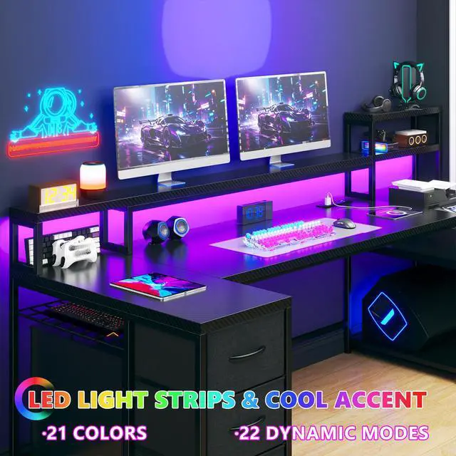 Alt view image 3 of 6 - 71" L Shaped Gaming Desk with Hutch & Printer Shelf for Gaming Room | Scratch-Resistant Carbon Fiber Tabletop, Raised Monitor Stand, 3 Closed Drawers, Dedicated Printer Shelf