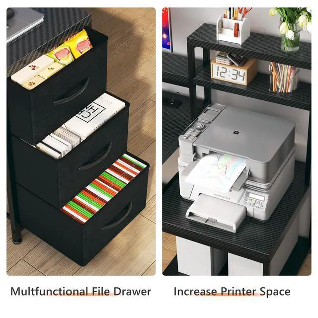 Alt view image 4 of 6 - 71" L Shaped Gaming Desk with Hutch & Printer Shelf for Gaming Room | Scratch-Resistant Carbon Fiber Tabletop, Raised Monitor Stand, 3 Closed Drawers, Dedicated Printer Shelf