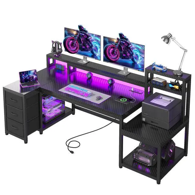 Alt view image 5 of 6 - 71" L Shaped Gaming Desk with Hutch & Printer Shelf for Gaming Room | Scratch-Resistant Carbon Fiber Tabletop, Raised Monitor Stand, 3 Closed Drawers, Dedicated Printer Shelf