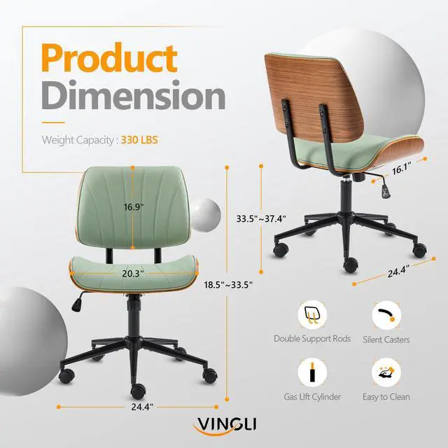 Alt view image 2 of 6 - Wide Curved Seat&Back Armless Home Office Chair,Ergoromic Adjustable-Height Desk Chair,Swivel&Tilting Function,Stylish Walnut Task Chair for Meeing Room,Dining Room,PU,Olive Green