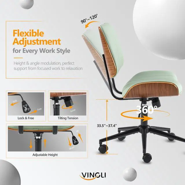 Alt view image 4 of 6 - Wide Curved Seat&Back Armless Home Office Chair,Ergoromic Adjustable-Height Desk Chair,Swivel&Tilting Function,Stylish Walnut Task Chair for Meeing Room,Dining Room,PU,Olive Green
