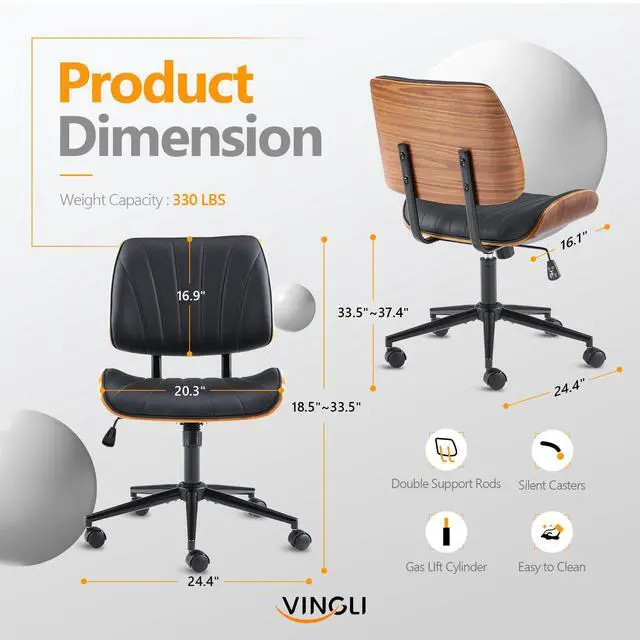 Alt view image 2 of 6 - Wide Curved Seat&Back Armless Home Office Chair,Ergoromic Adjustable-Height Desk Chair,Swivel&Tilting Function,Stylish Walnut Task Chair for Meeing Room,Dining Room,PU, Black