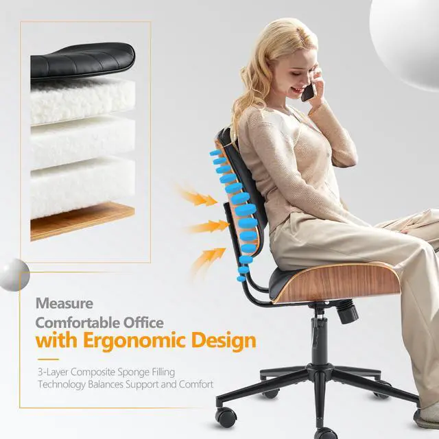 Alt view image 3 of 6 - Wide Curved Seat&Back Armless Home Office Chair,Ergoromic Adjustable-Height Desk Chair,Swivel&Tilting Function,Stylish Walnut Task Chair for Meeing Room,Dining Room,PU, Black