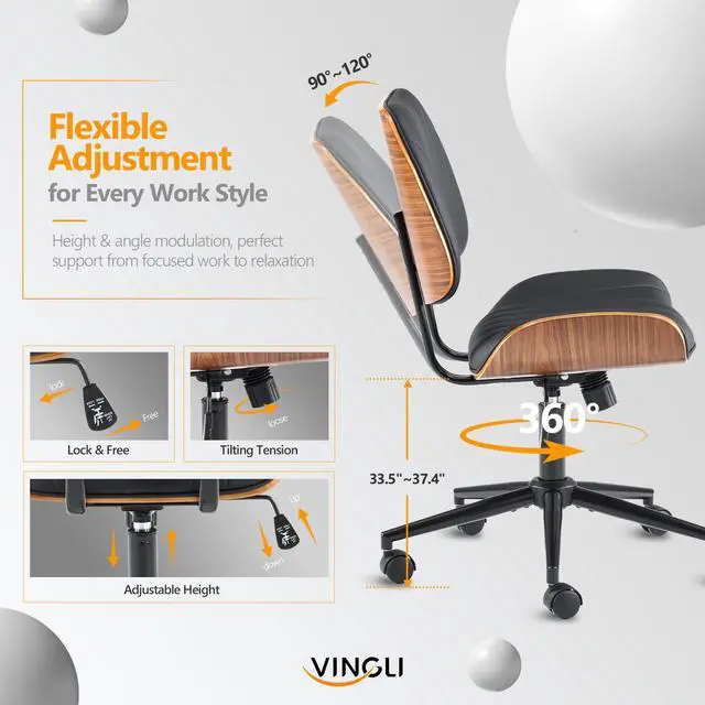 Alt view image 4 of 6 - Wide Curved Seat&Back Armless Home Office Chair,Ergoromic Adjustable-Height Desk Chair,Swivel&Tilting Function,Stylish Walnut Task Chair for Meeing Room,Dining Room,PU, Black