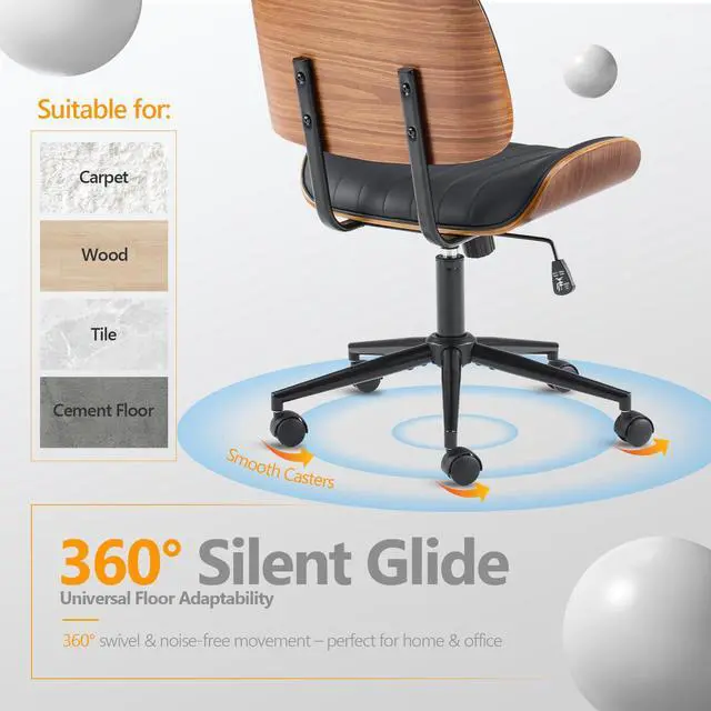 Alt view image 5 of 6 - Wide Curved Seat&Back Armless Home Office Chair,Ergoromic Adjustable-Height Desk Chair,Swivel&Tilting Function,Stylish Walnut Task Chair for Meeing Room,Dining Room,PU, Black