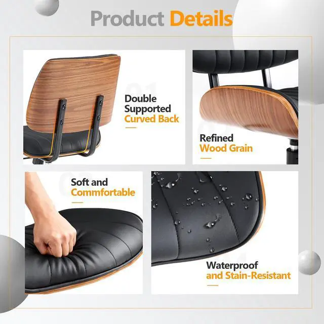 Alt view image 6 of 6 - Wide Curved Seat&Back Armless Home Office Chair,Ergoromic Adjustable-Height Desk Chair,Swivel&Tilting Function,Stylish Walnut Task Chair for Meeing Room,Dining Room,PU, Black