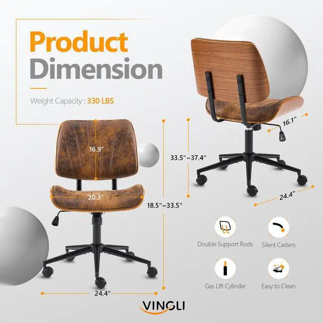Alt view image 2 of 6 - Wide Curved Seat&Back Armless Home Office Chair,Ergoromic Adjustable-Height Desk Chair,Swivel&Tilting Function,Stylish Walnut Task Chair for Meeing Room,Dining Room,Vintage Rustic