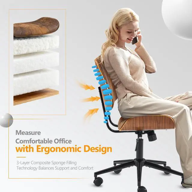 Alt view image 3 of 6 - Wide Curved Seat&Back Armless Home Office Chair,Ergoromic Adjustable-Height Desk Chair,Swivel&Tilting Function,Stylish Walnut Task Chair for Meeing Room,Dining Room,Vintage Rustic