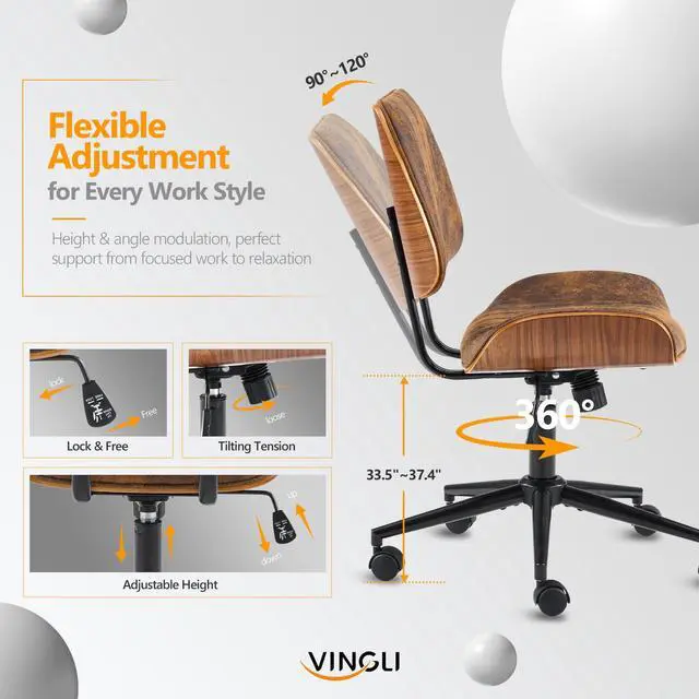 Alt view image 4 of 6 - Wide Curved Seat&Back Armless Home Office Chair,Ergoromic Adjustable-Height Desk Chair,Swivel&Tilting Function,Stylish Walnut Task Chair for Meeing Room,Dining Room,Vintage Rustic