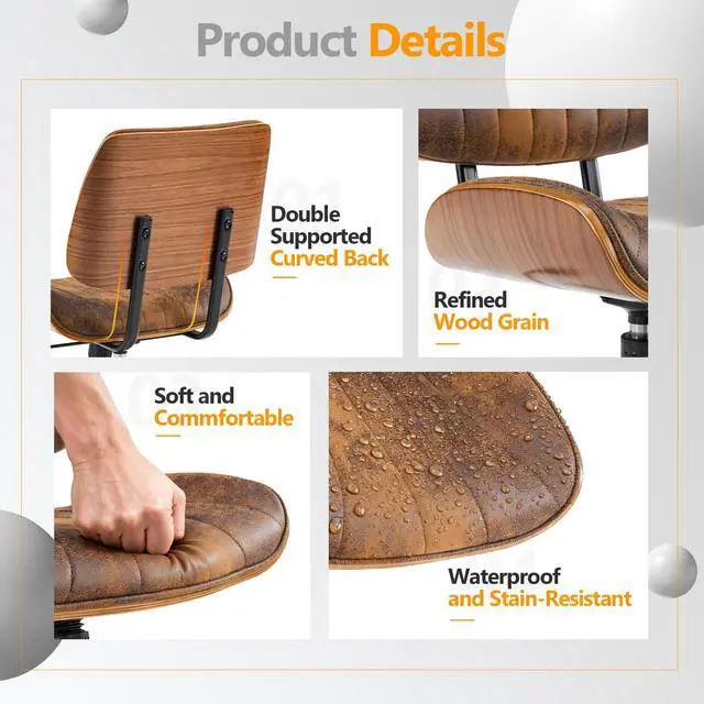 Alt view image 6 of 6 - Wide Curved Seat&Back Armless Home Office Chair,Ergoromic Adjustable-Height Desk Chair,Swivel&Tilting Function,Stylish Walnut Task Chair for Meeing Room,Dining Room,Vintage Rustic