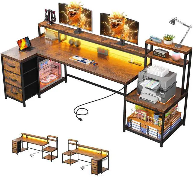 Main image of 71 L Shaped Computer Desk with Drawers,Printer Shelf for Home Office | 3 Fabric Drawers, Printer Stand & Shelves; Organize Office and Study Supplies for Tidy Bedroom & Study Space, Rustic Brown